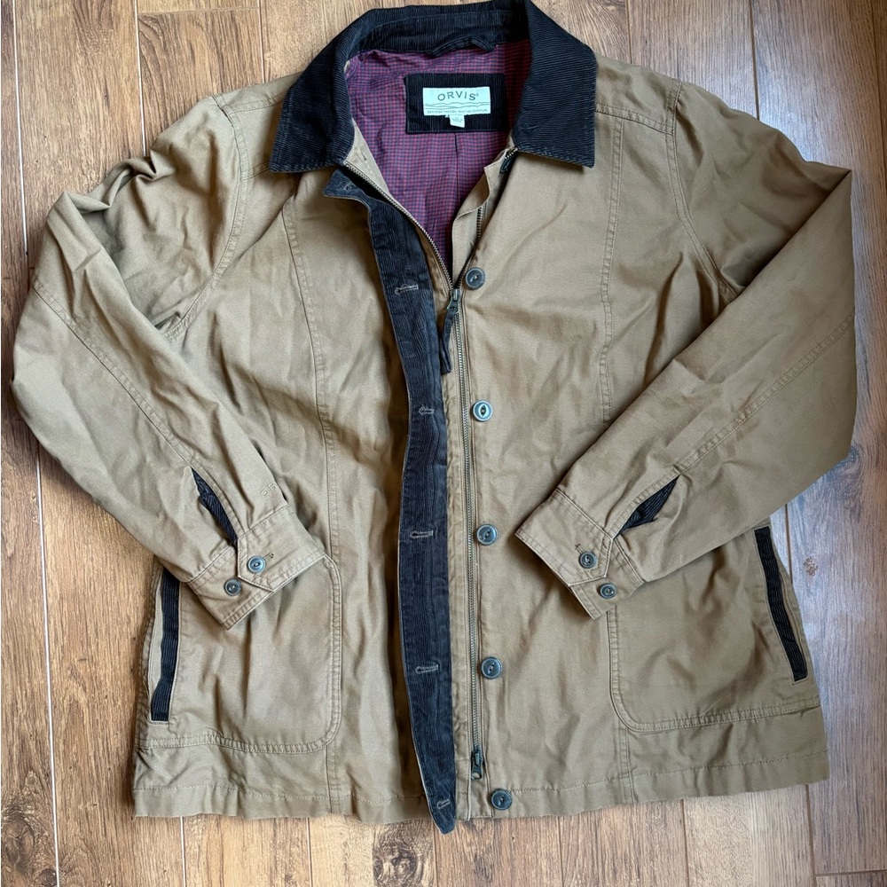Womens Orvis Tan Canvas Field Chore Coat Jacket with Brown Corduroy Trim Size XL - Picture 2 of 12